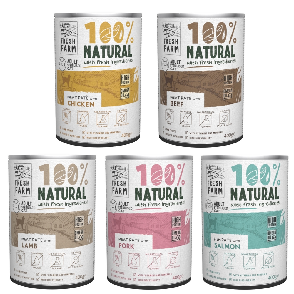 FRESH FARM KOT STERILISED PASZTET MIX SMAKÓW 12X400G